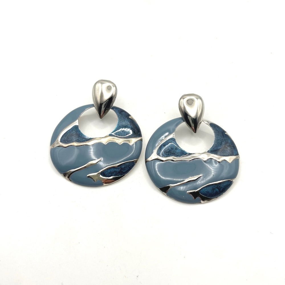 1980s Blue Enamel Abstract Wave Door Knocker Statement Earrings Silver Tone